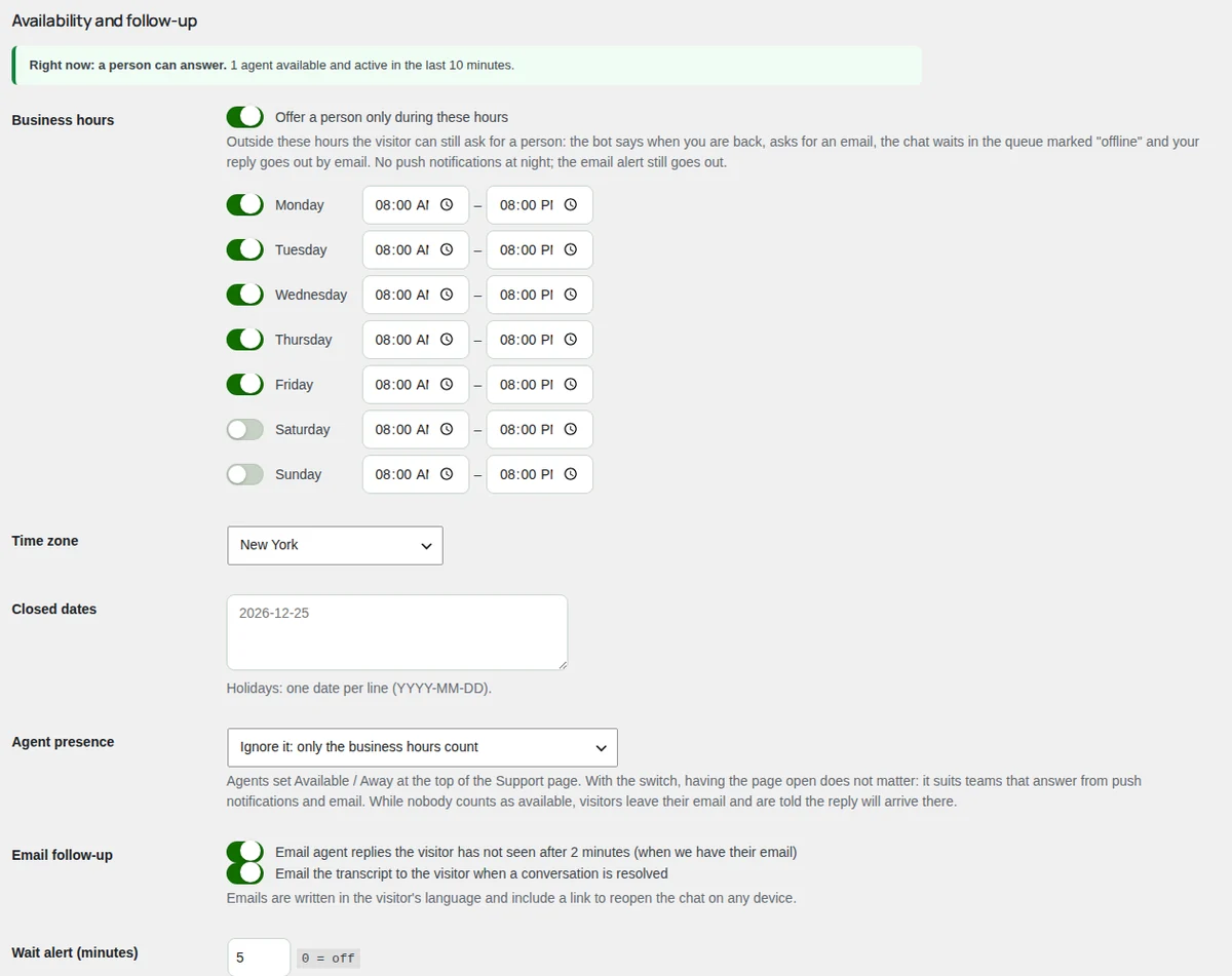 Settings: availability, business hours and follow-up.