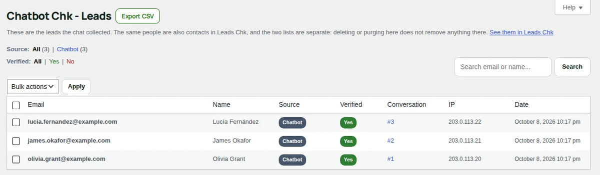 Leads: the addresses the chat collected, with their source and conversation.