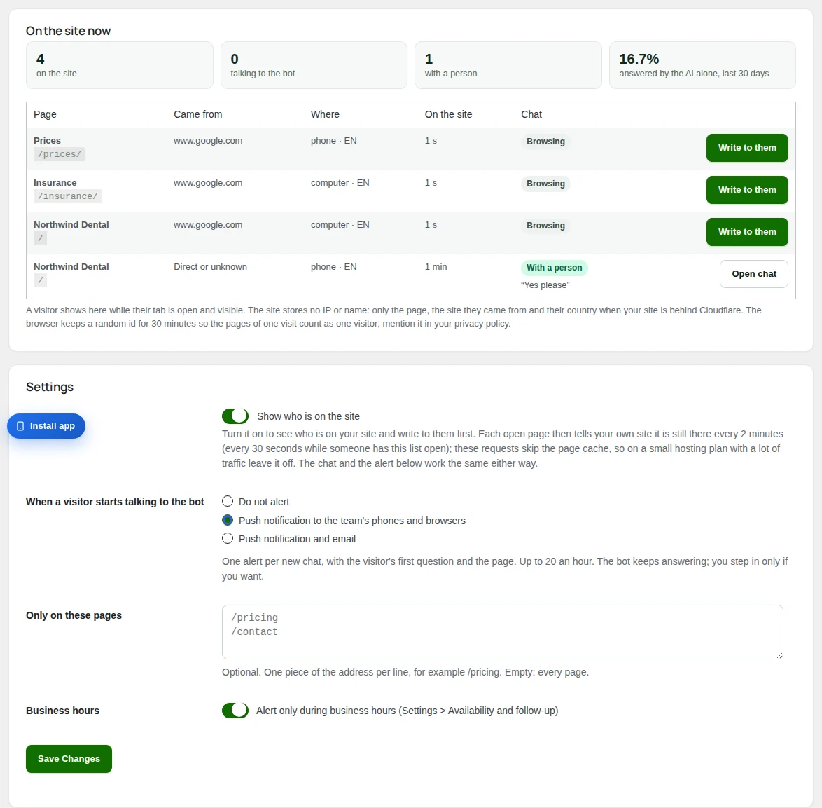 Live on the site: who is on the site now, and the settings below.