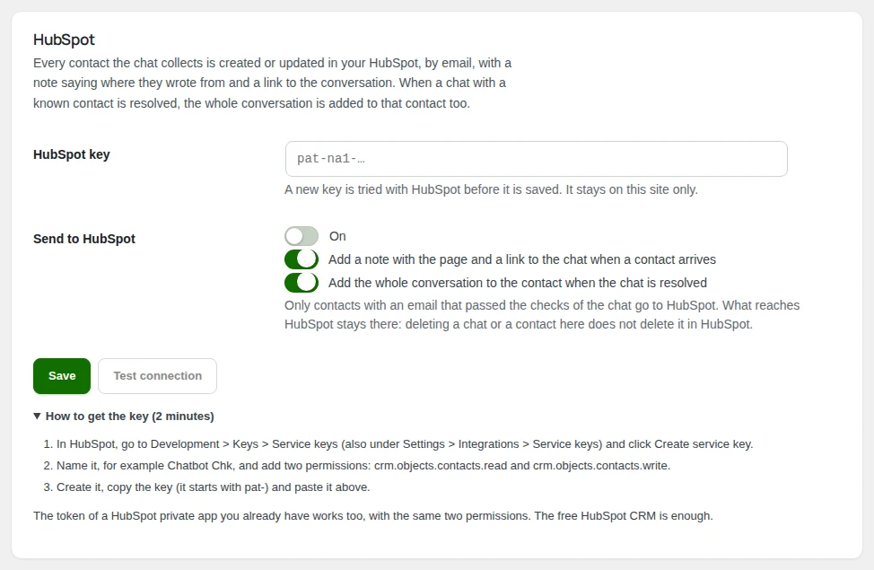 The HubSpot card, with the steps to get the key.