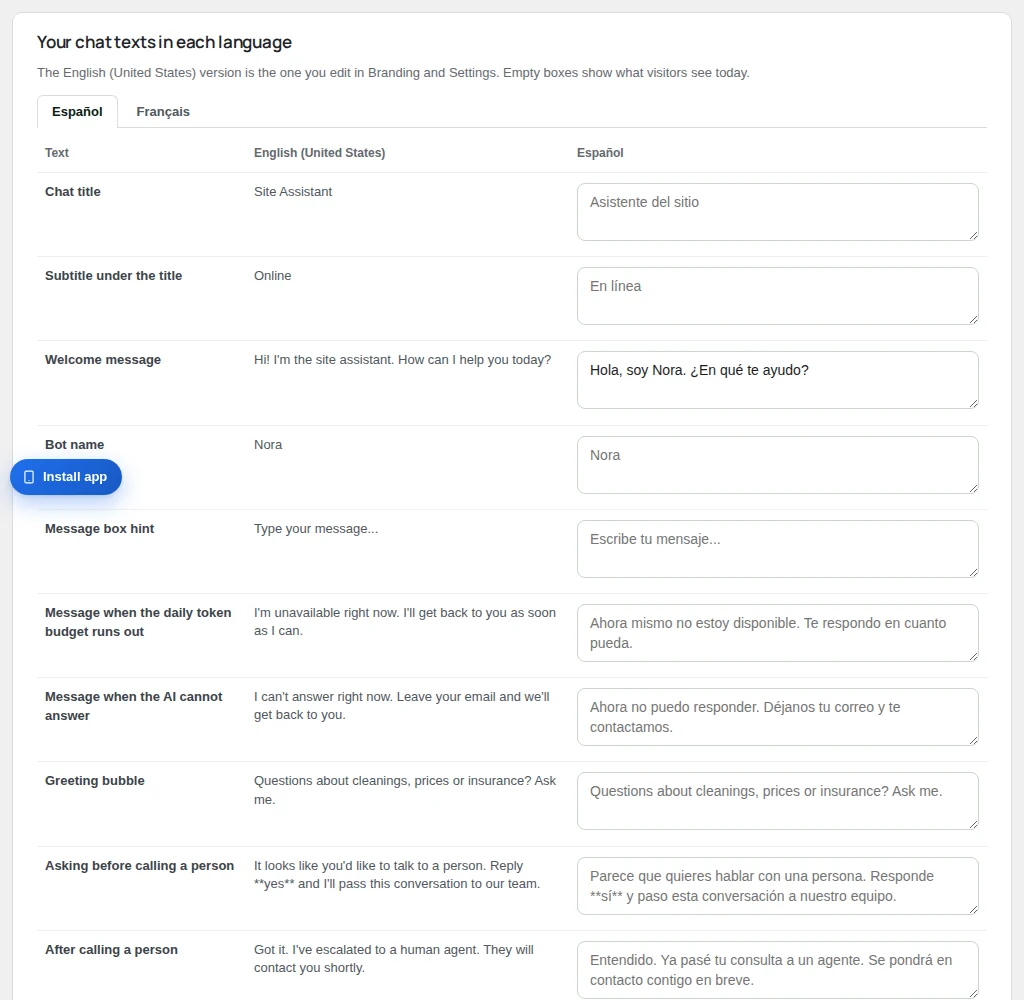 Your chat texts in each language, with the main version next to each box.