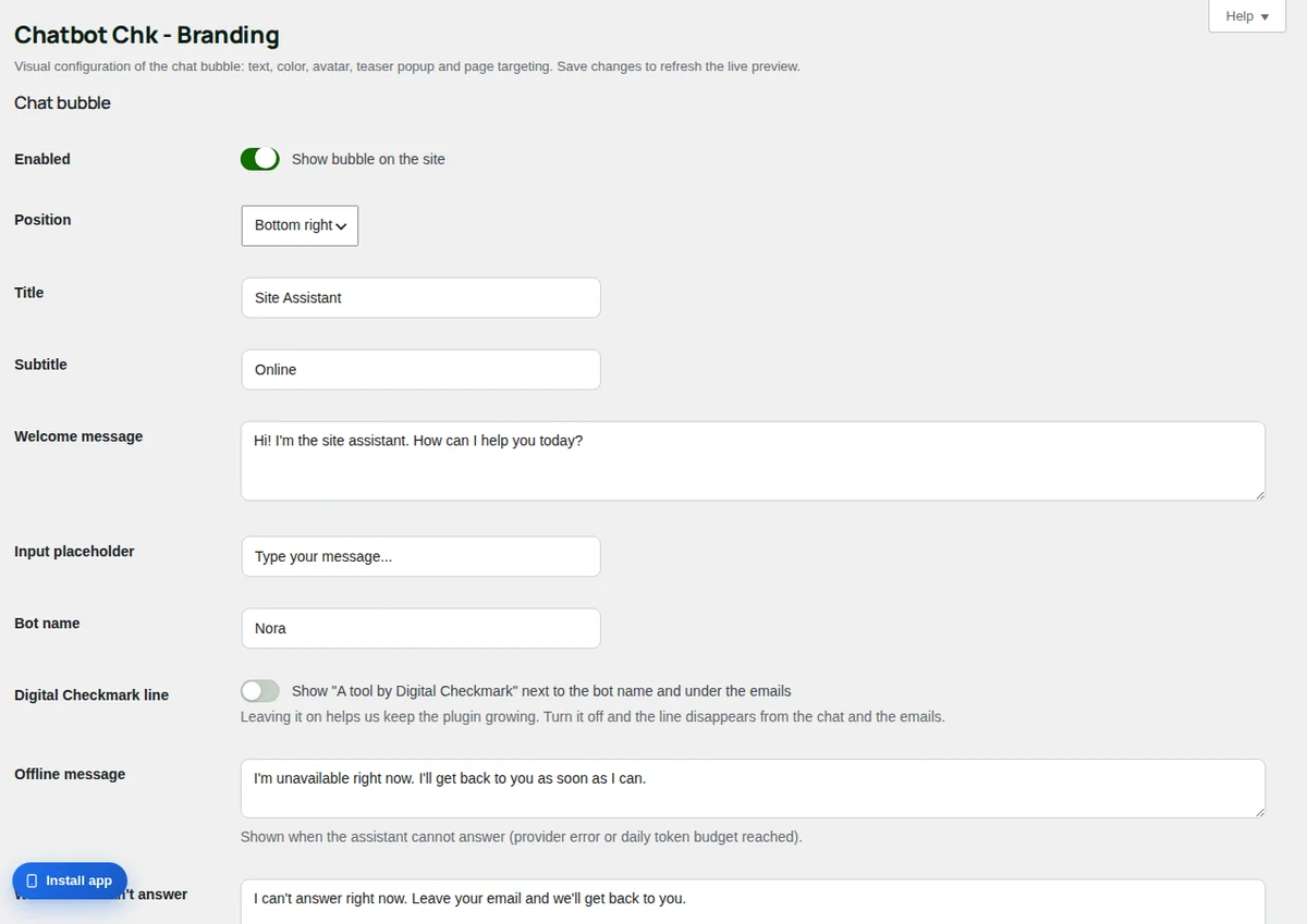 Branding: name, colors, avatar and texts, with a live preview.
