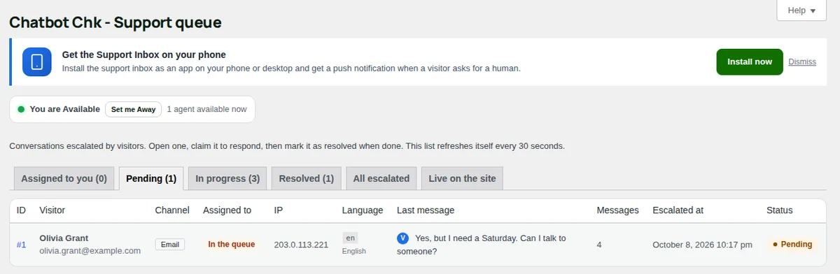 Support: the chats waiting for a person, with your status at the top.