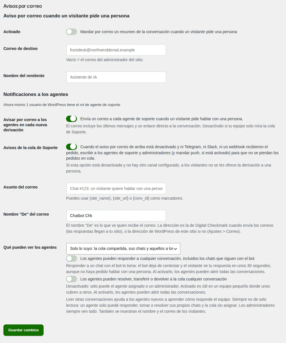 Los avisos por correo y lo que pueden ver los agentes, al final de Agentes.