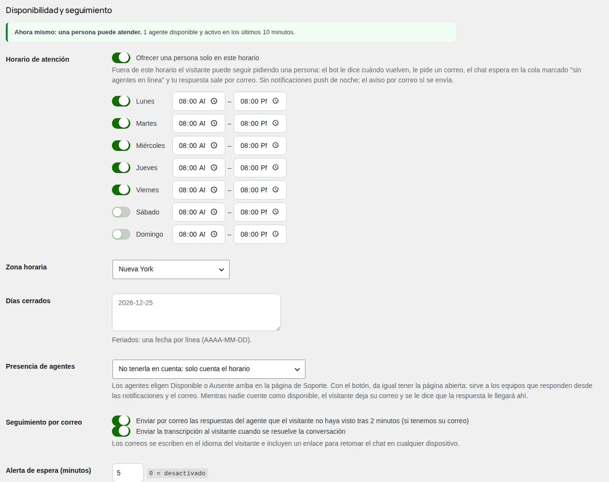Ajustes: disponibilidad, horario de atención y seguimiento.