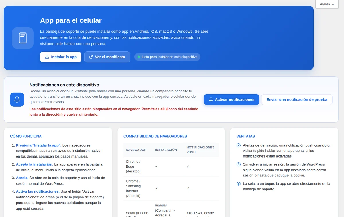 App para el celular: instala la Bandeja de soporte en un celular o una computadora.