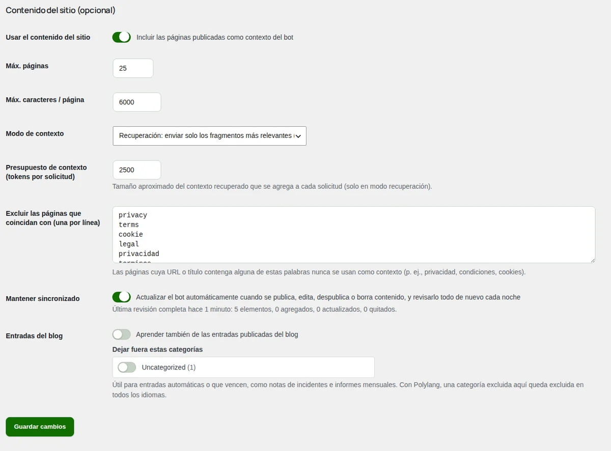 Opciones avanzadas: lo que el bot lee del sitio.