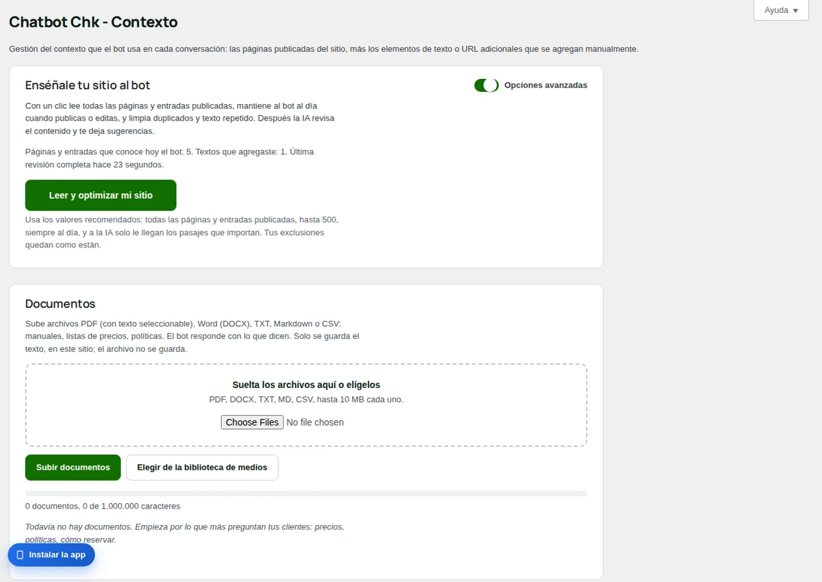Contexto: lo que el bot aprendió del sitio, y tus documentos.