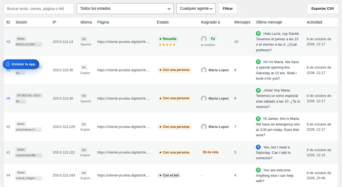 Los filtros y la lista de conversaciones.