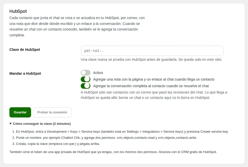La tarjeta de HubSpot, con los pasos para conseguir la clave.