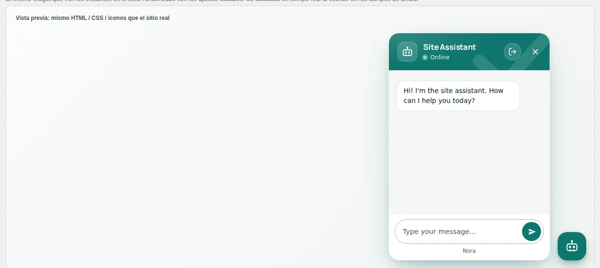 Vista previa en tiempo real: el chat con tu nombre, tu color y tu mensaje de bienvenida.