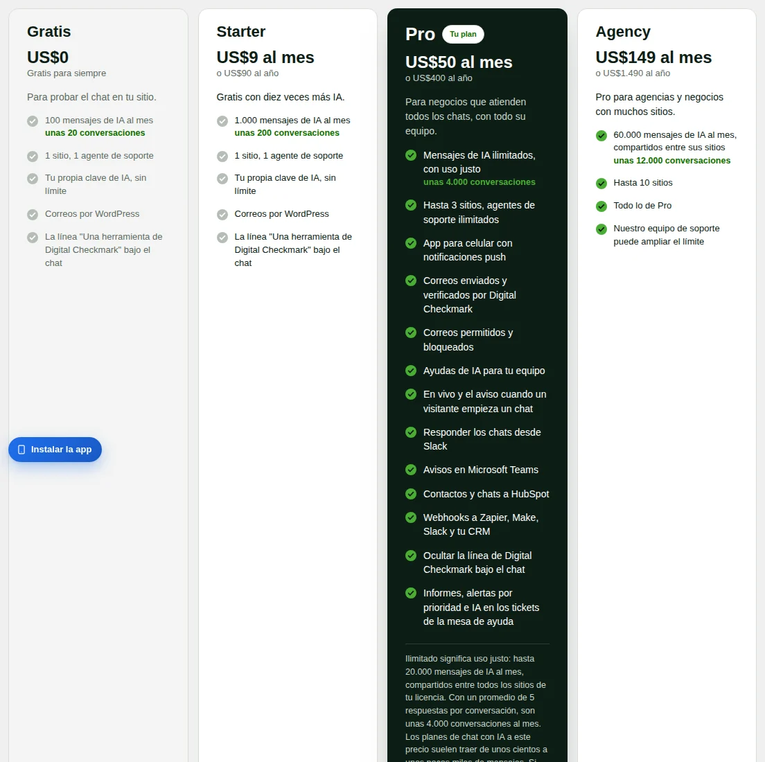 La pantalla Planes, con el plan de este sitio.