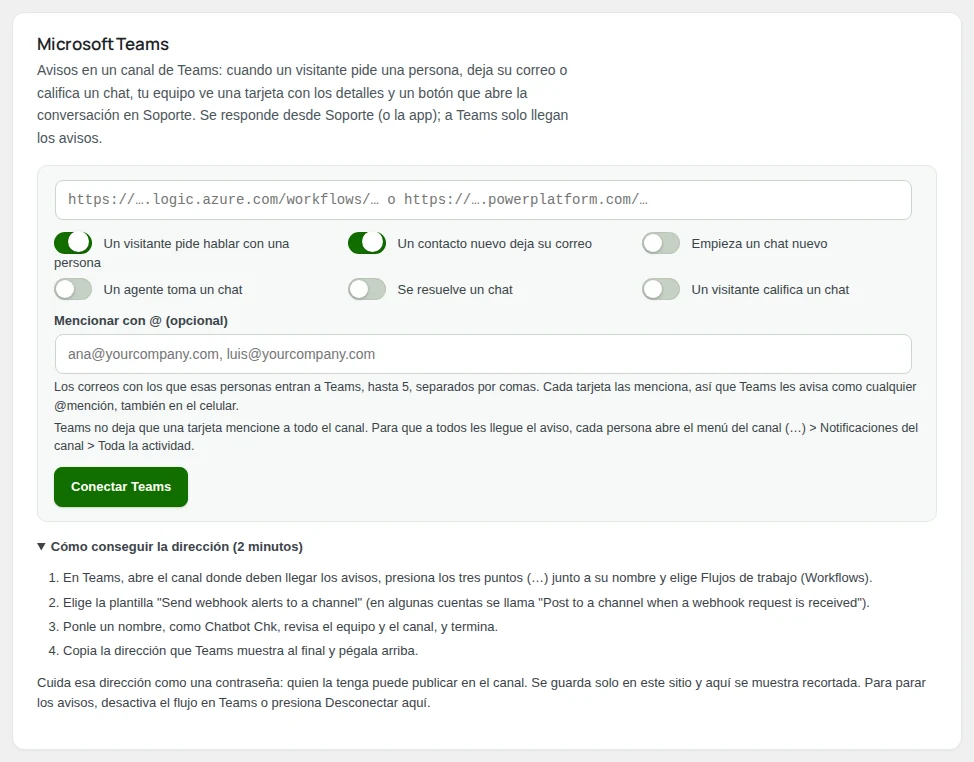 La tarjeta de Microsoft Teams, con los pasos para conseguir la dirección.