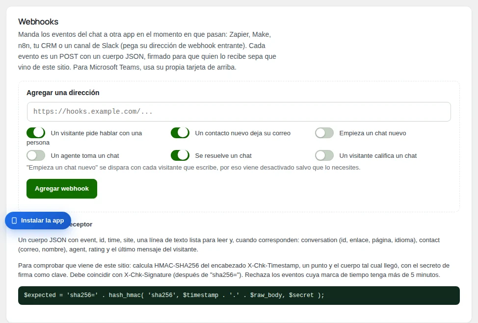 La tarjeta de Webhooks, con lo que recibe el receptor.