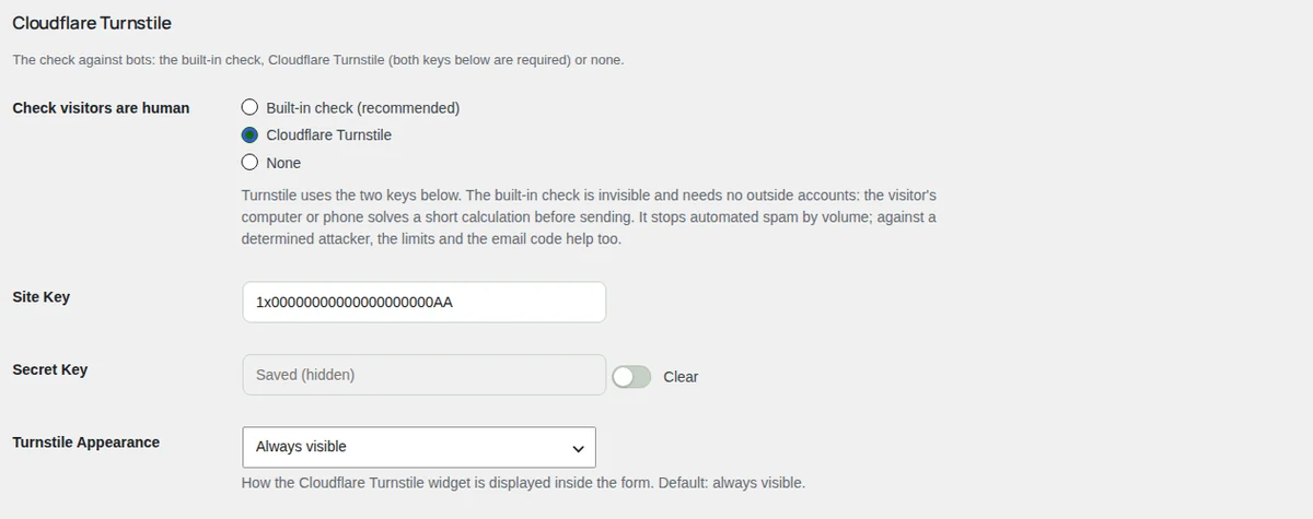 The Cloudflare Turnstile block, with the two keys.