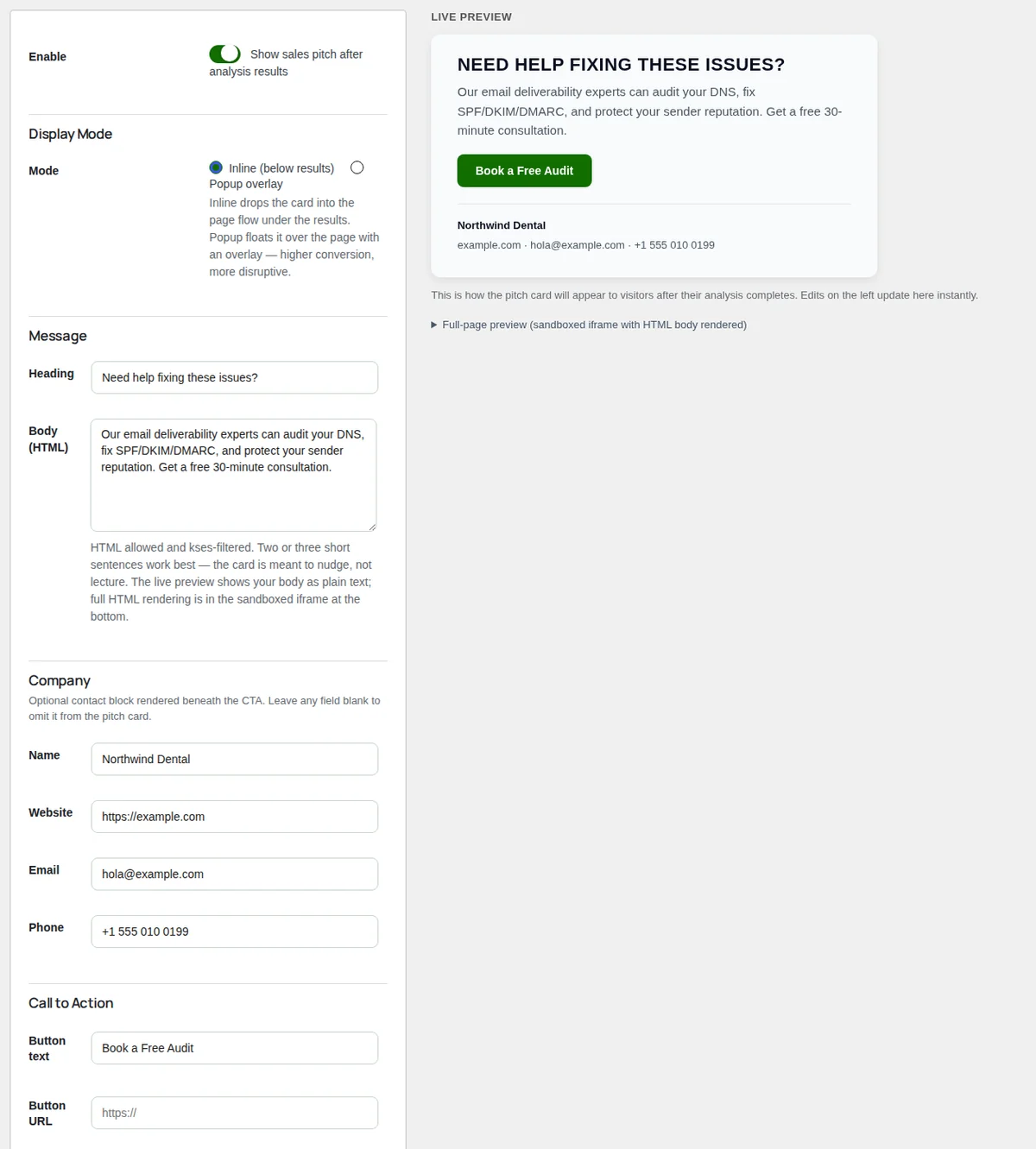 Sales Pitch, with the live preview on the right.