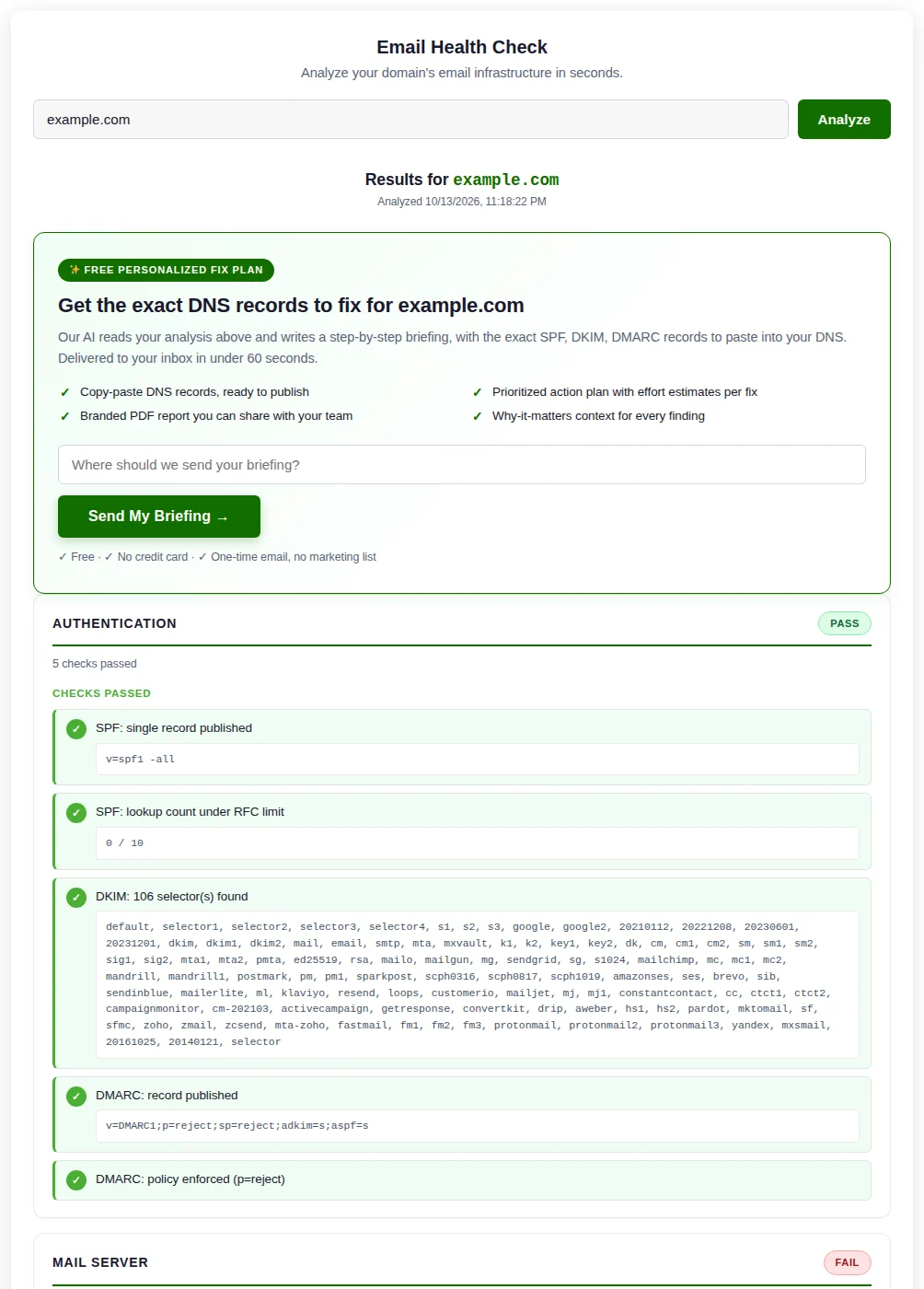 The tool on a page: a domain analyzed, with its sections and their status.