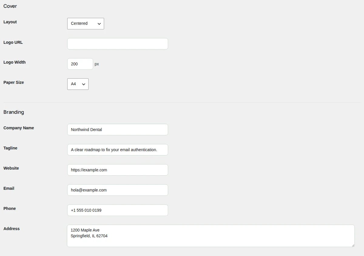 Email Reports: the cover and branding fields.
