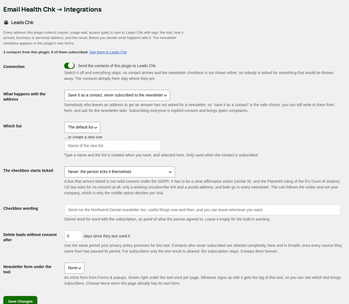 Integrations, with Leads Chk installed.