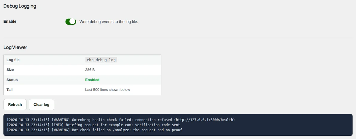 The Debug Log, with its switch and the last lines.