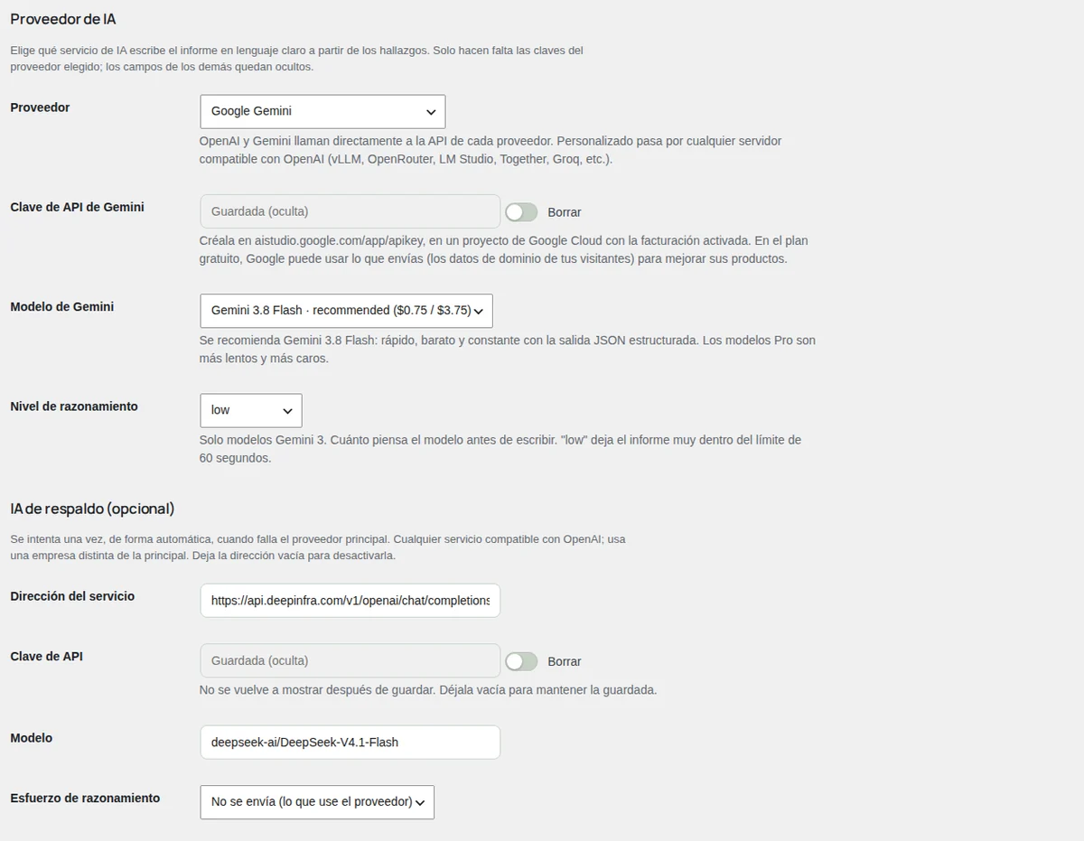 El bloque AI Provider con Gemini, y la IA de respaldo debajo.