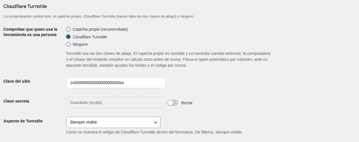 El bloque Cloudflare Turnstile, con las dos claves.
