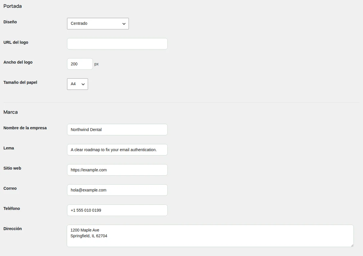 Email Reports: los campos de portada y marca.