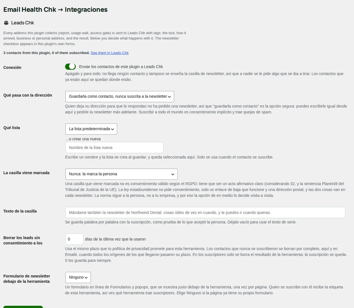 Integraciones, con Leads Chk instalado.