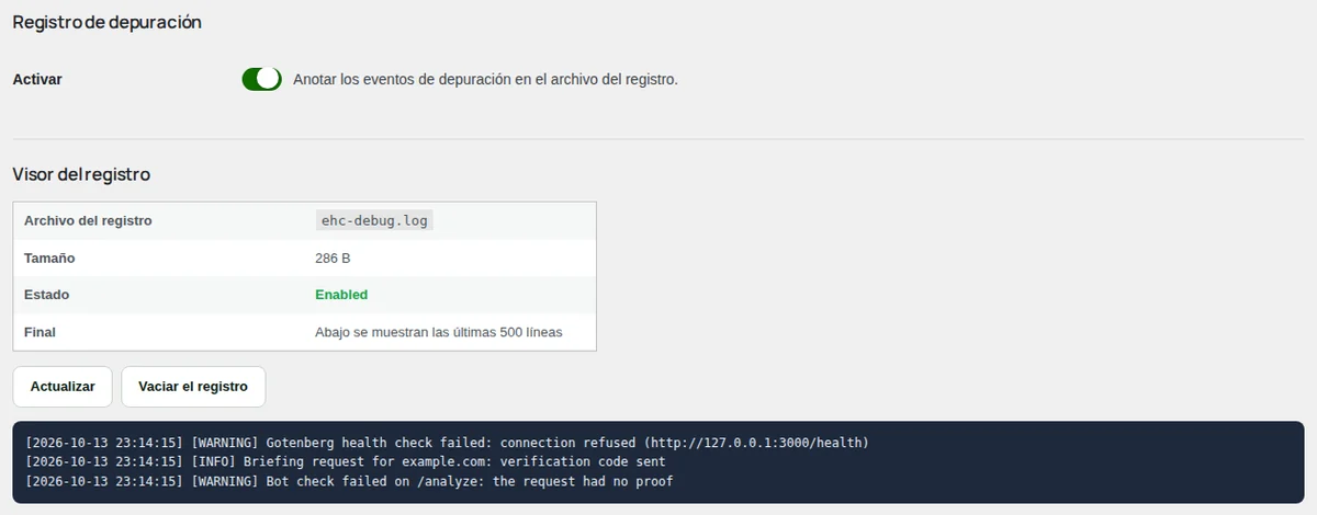 El Debug Log, con su interruptor y las últimas líneas.