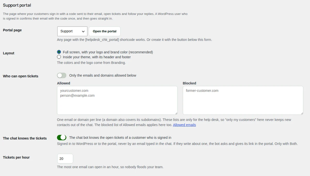 The support portal settings.