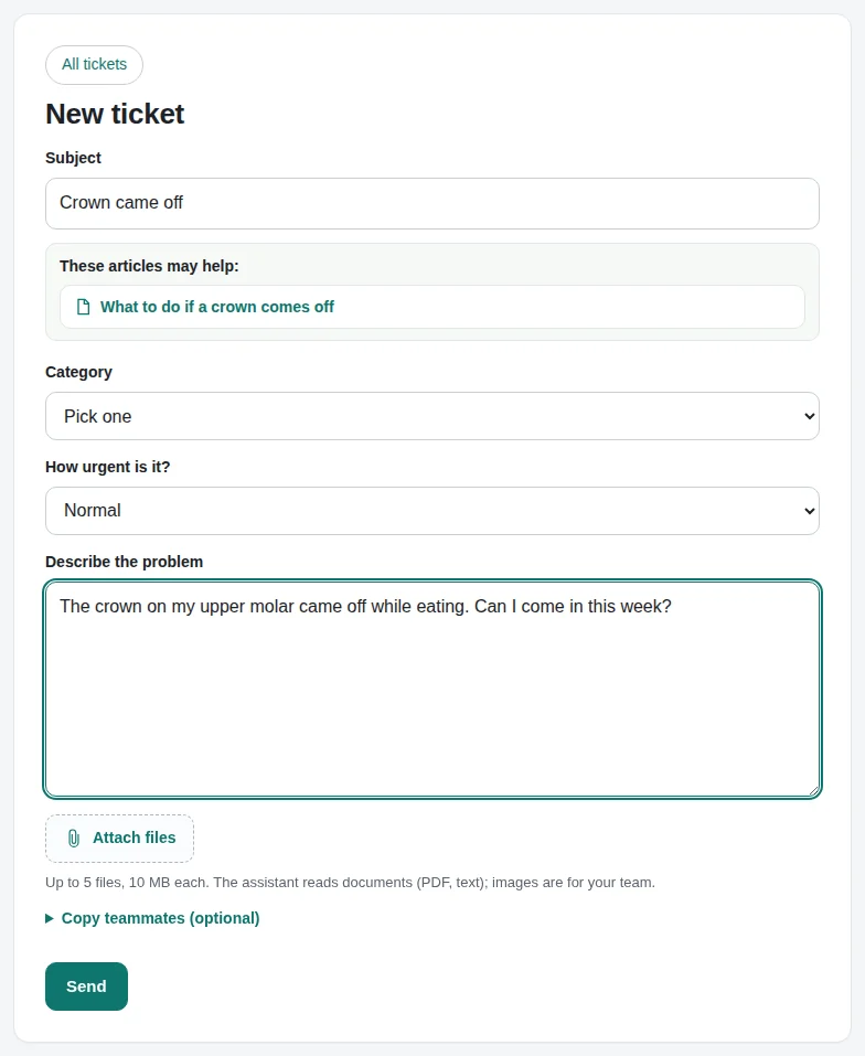 The support portal: a new ticket with the help article it suggests while the customer writes.
