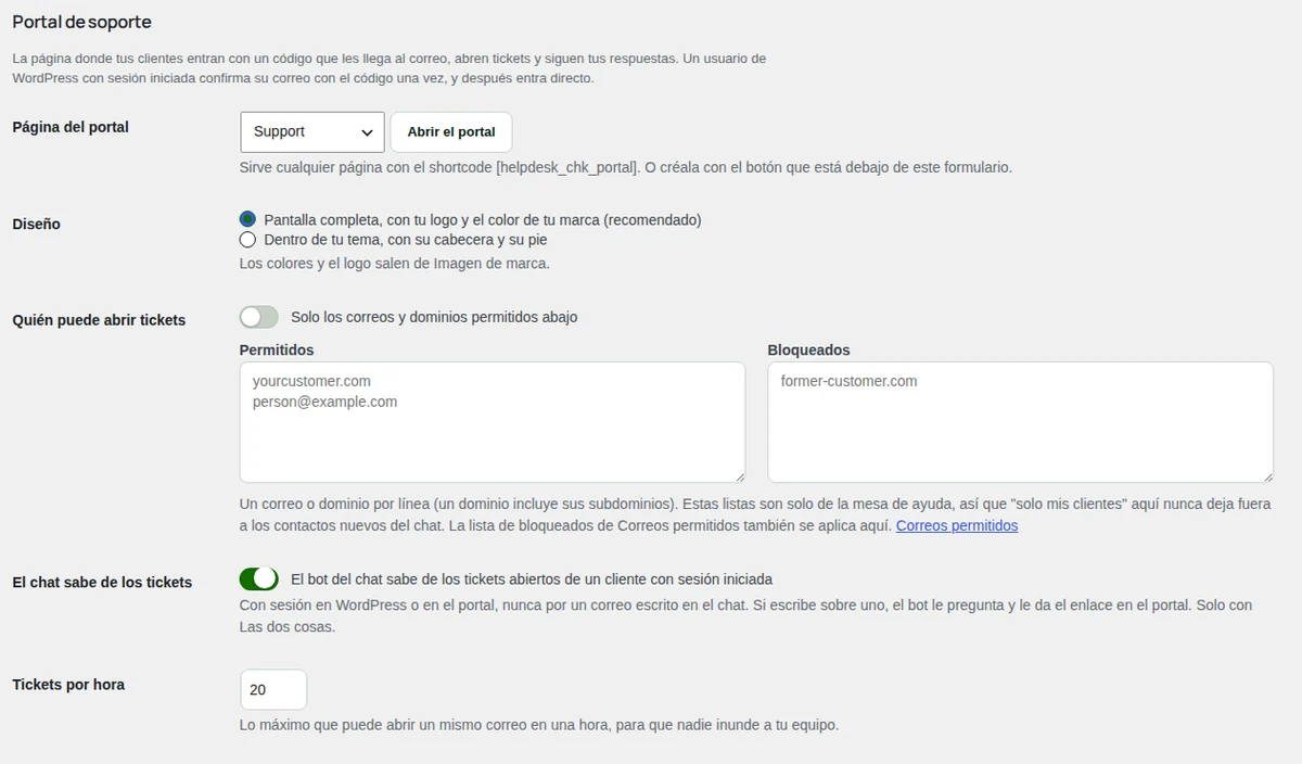 Los ajustes del portal de soporte.