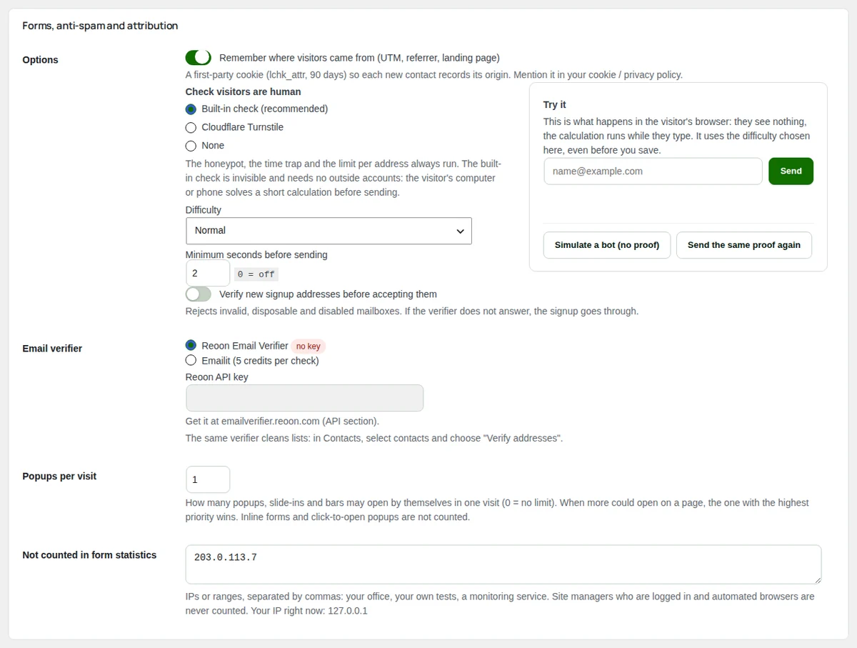 The bot check in Settings: the three choices, the difficulty, the minimum seconds and the preview to try it.