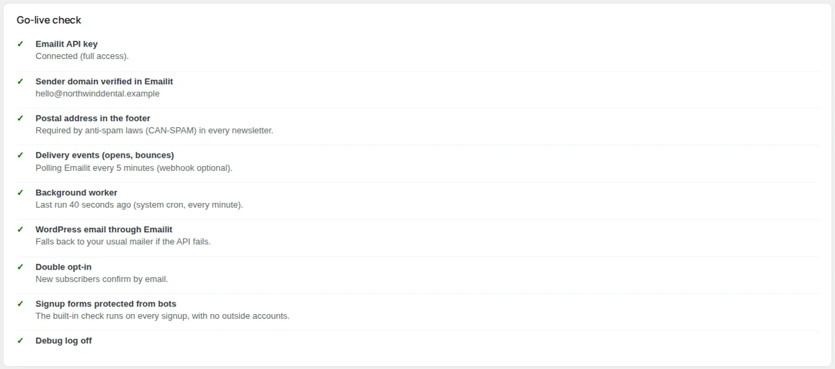 The go-live check: the Emailit key, the sender domain, the postal address, delivery events, the worker, WordPress email, double opt-in and the bot check.