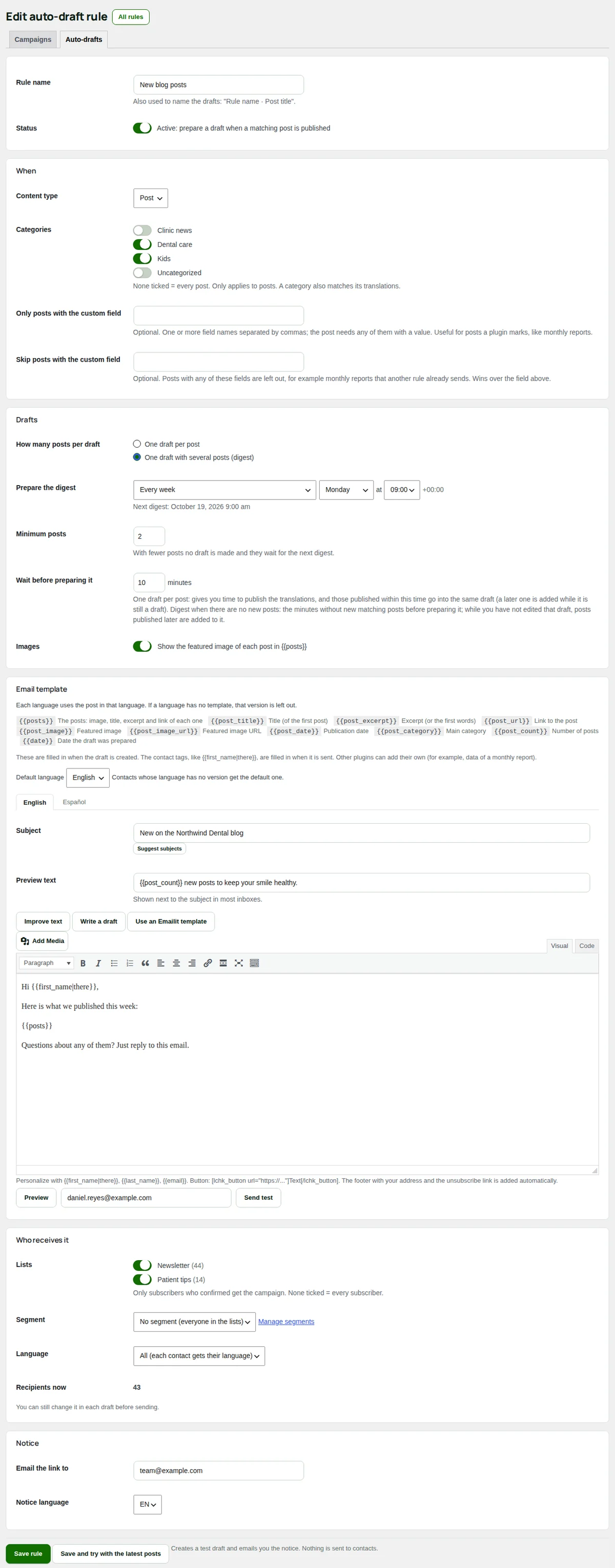 An auto-draft rule: which posts, one draft per post or a digest, the template, who receives it and the notice.