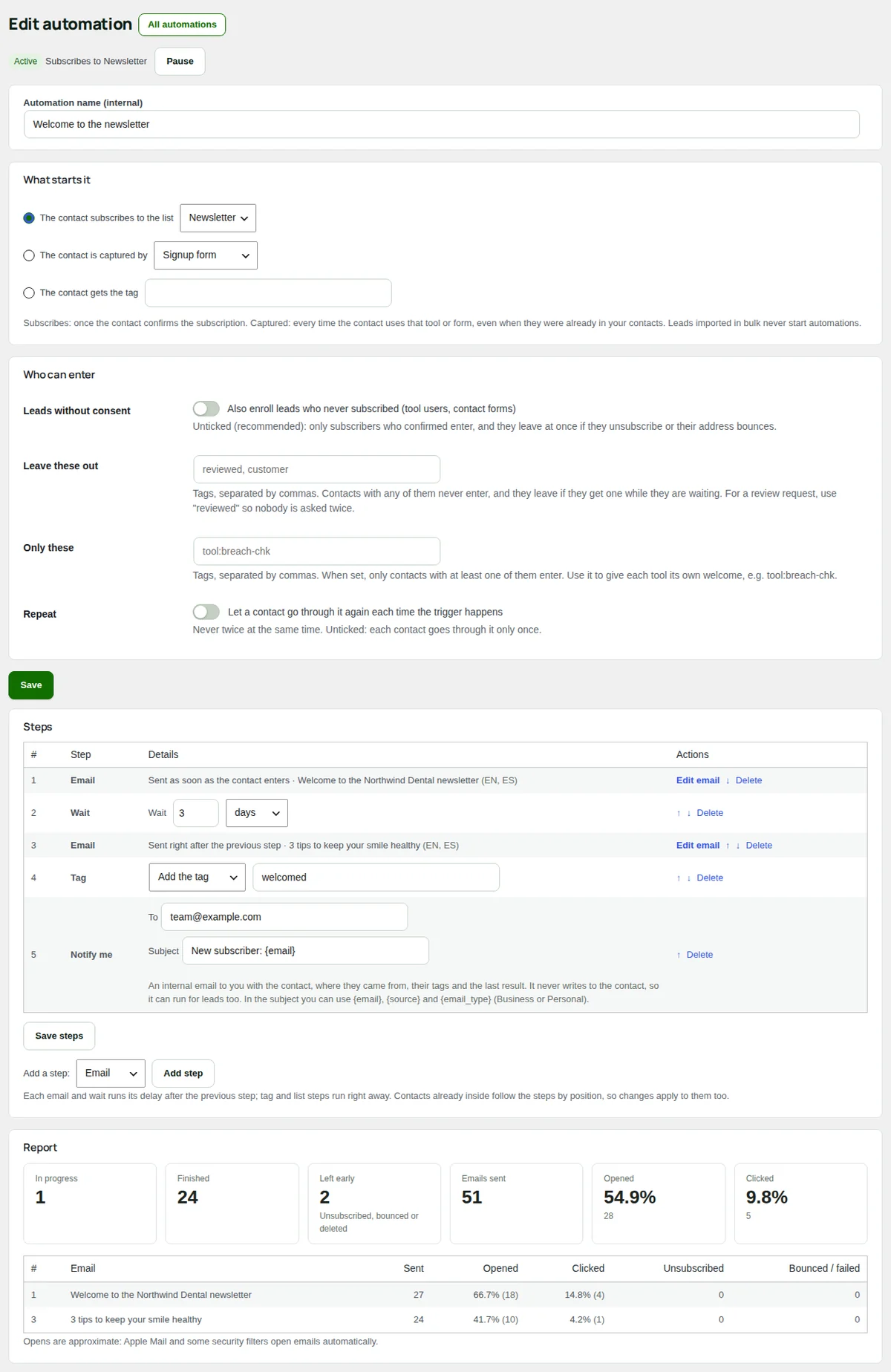 An automation: the trigger, who can enter, the steps and the report.