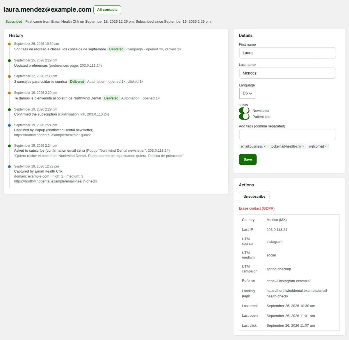 A contact's profile: the history on the left, the details and actions on the right.