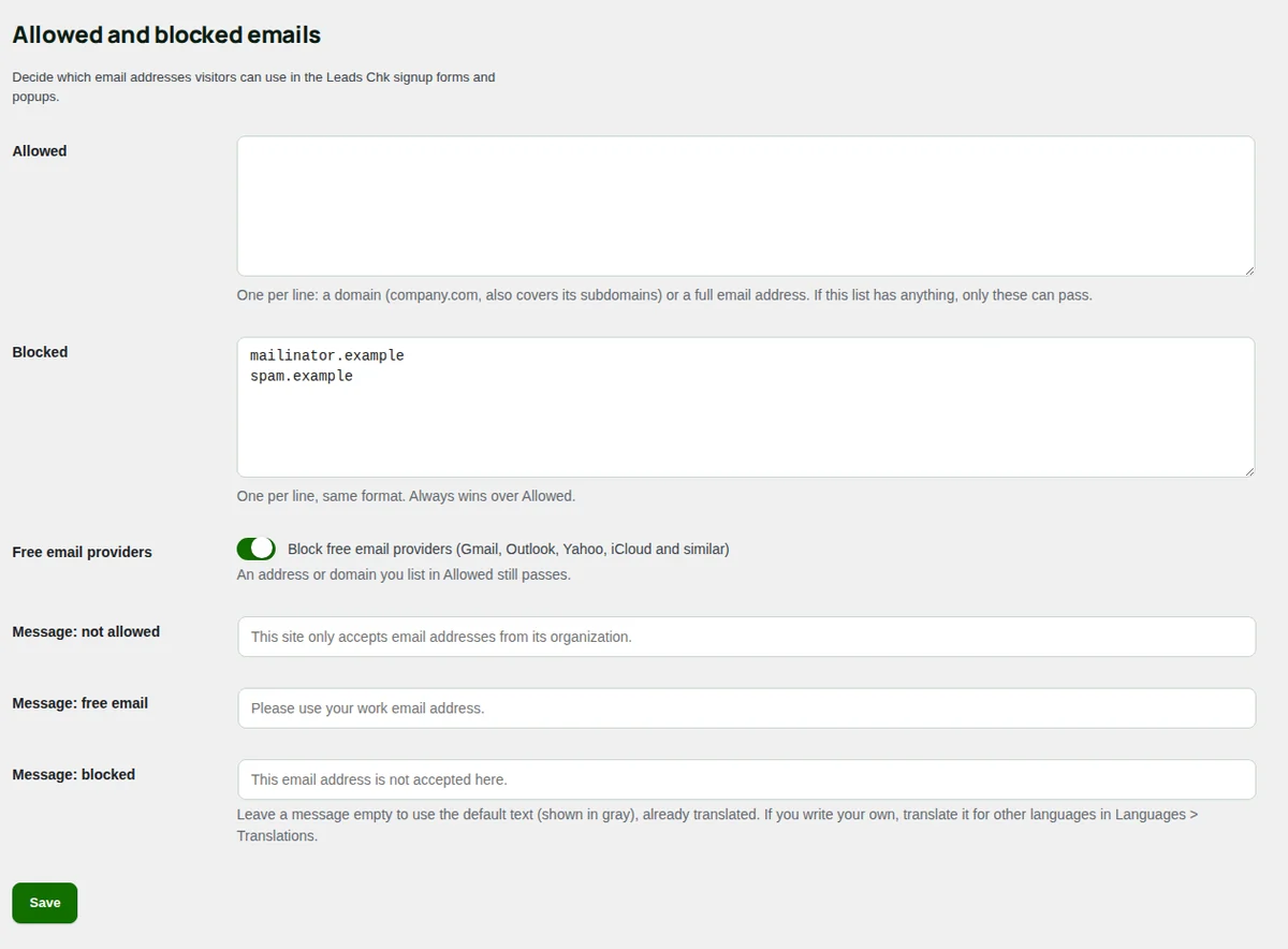 Allowed and blocked emails: the two lists, the free email providers box and the three messages.
