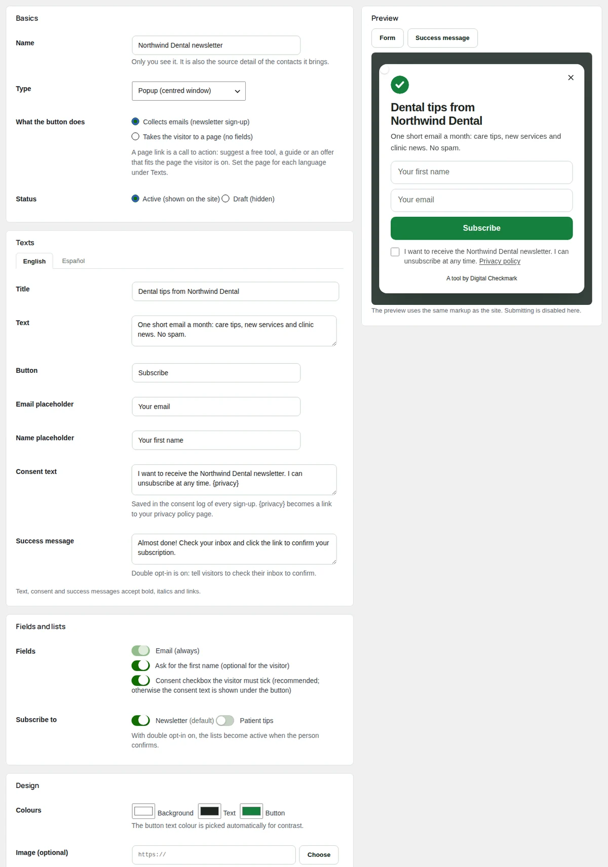 The form editor: the basics, the texts per language, fields and lists, design, and the preview.