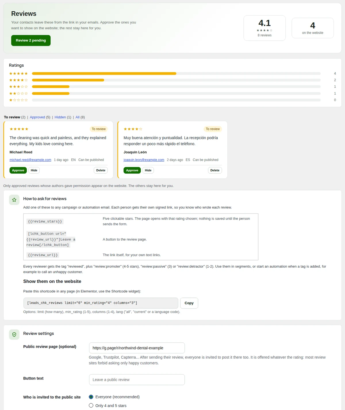 Reviews: the rating summary, the tabs and a review card with its approve and hide buttons.