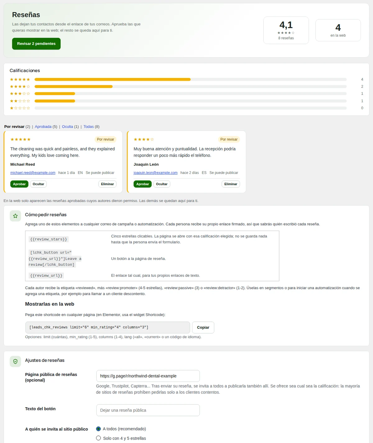 Reseñas: el resumen de calificaciones, las pestañas y una tarjeta de reseña con sus botones para aprobar y ocultar.