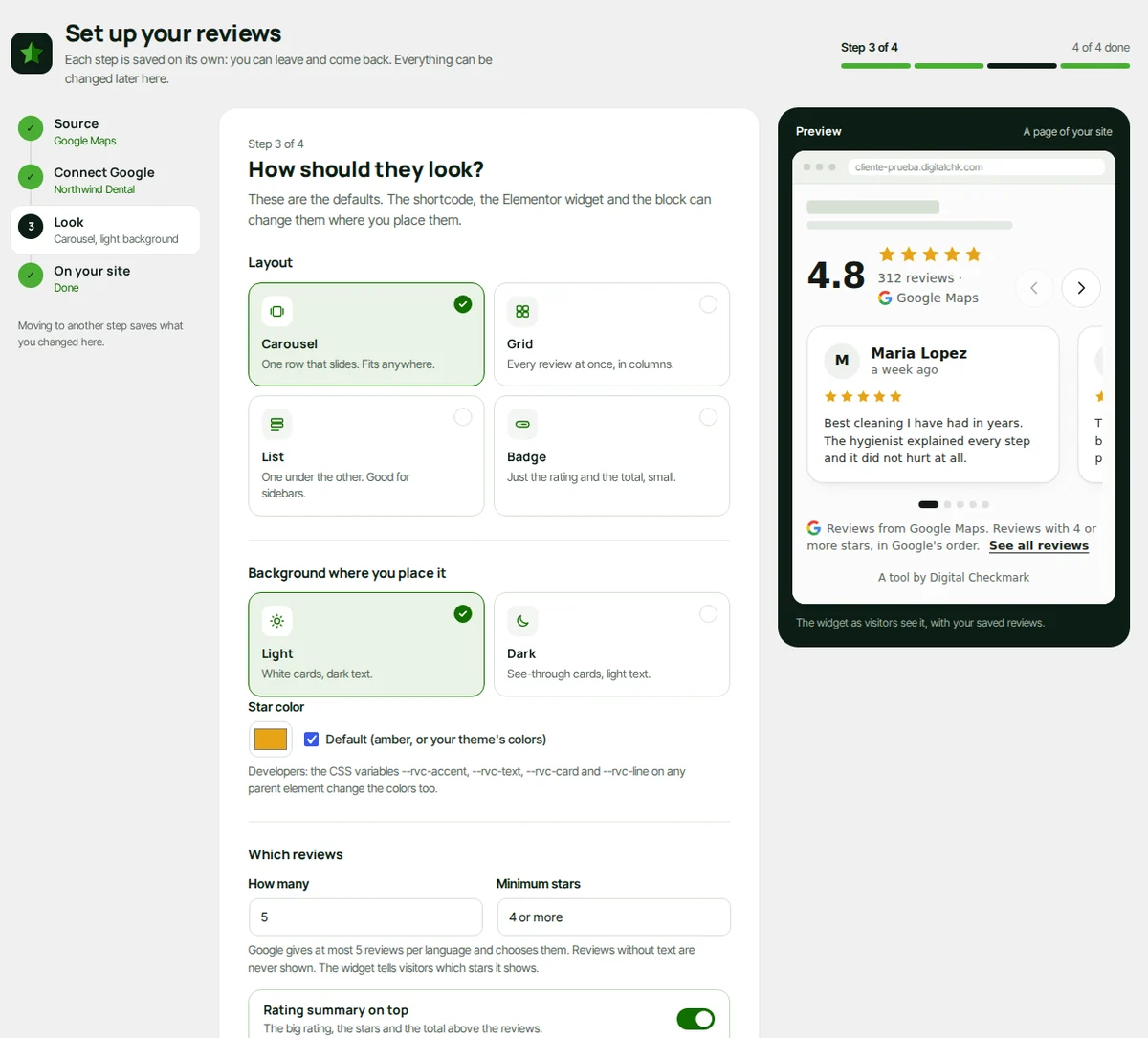 Step 3: layout, background, star color and which reviews, with the preview.