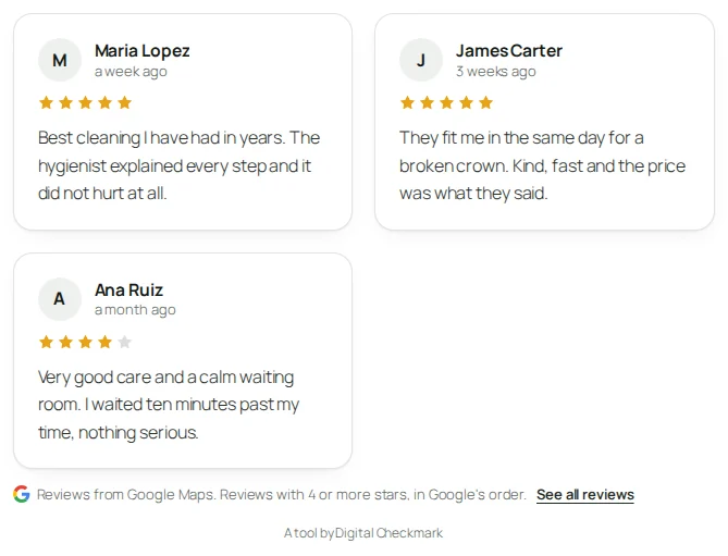 The grid: three reviews side by side.