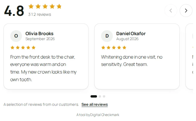 Typed reviews in the carousel, with the selection note under them.