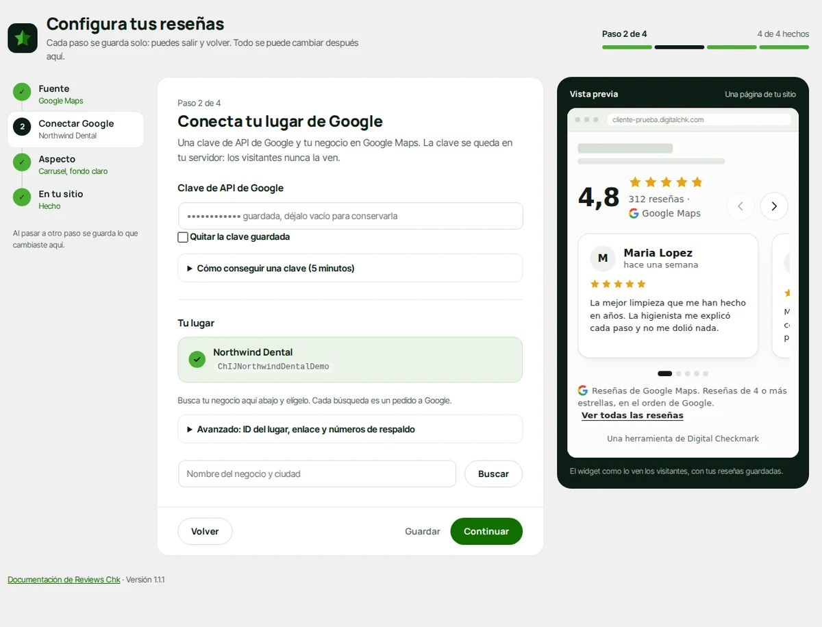 Paso 2 con Google: la clave está guardada y el lugar está elegido.