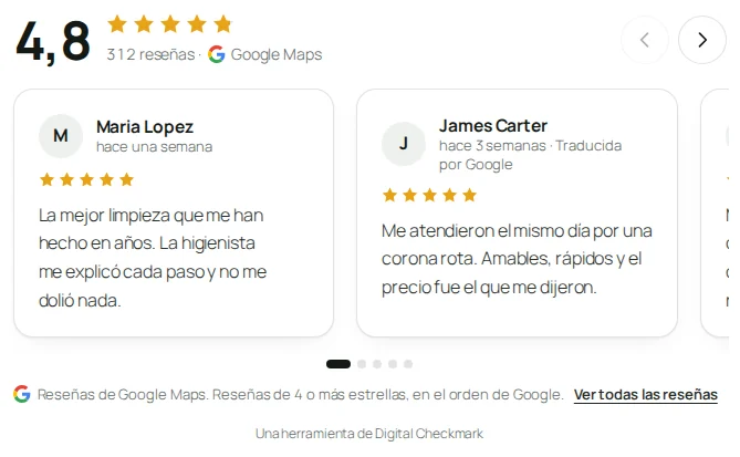 El carrusel como lo ve un visitante: la calificación arriba, las reseñas y lo que Google pide mostrar.