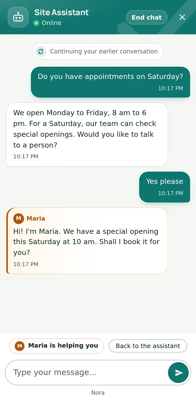 The Chatbot Chk chat on a phone: the bot answers about Saturday hours and Maria, from the team, takes over the conversation.