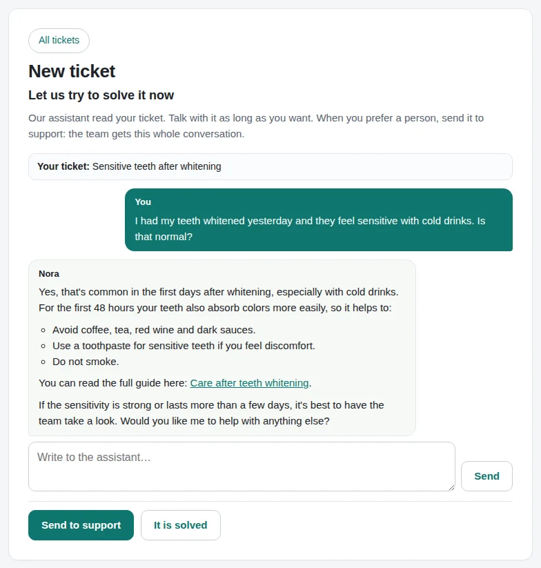 The support portal: the AI assistant answers the customer before a ticket is opened.