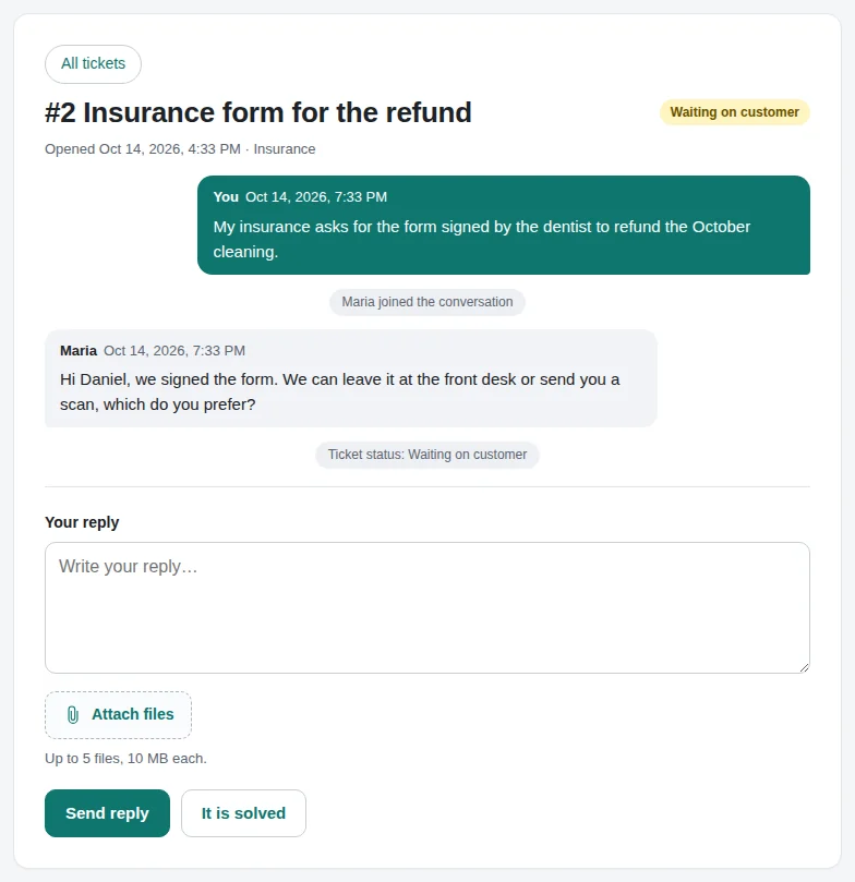 A ticket in the portal, with the reply of the team.