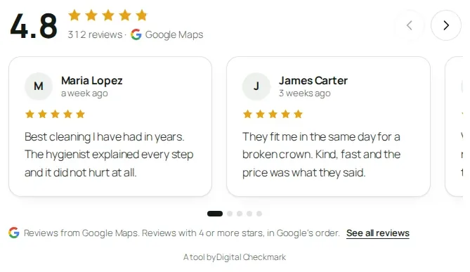 Reviews Chk carousel with a 4.9 Google rating and three five-star reviews.